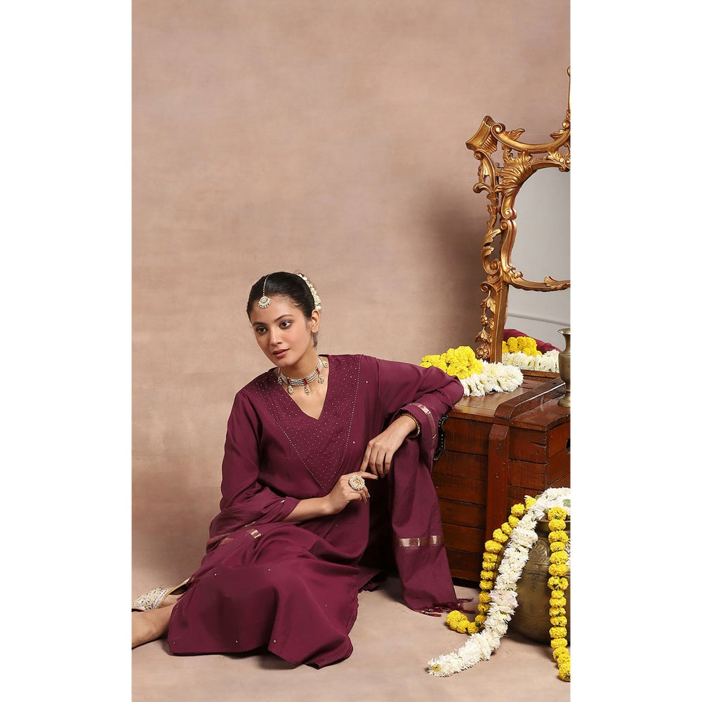 House of Chikankari Kamdaani Kurta Inner with Pant and Dupatta - Burgundy (Set of 4)
