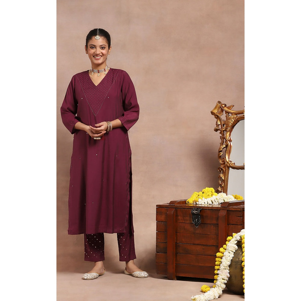 House of Chikankari Kamdaani Kurta Inner with Pant and Dupatta - Burgundy (Set of 4)