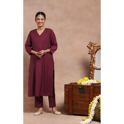 House of Chikankari Kamdaani Kurta Inner with Pant and Dupatta - Burgundy (Set of 4)
