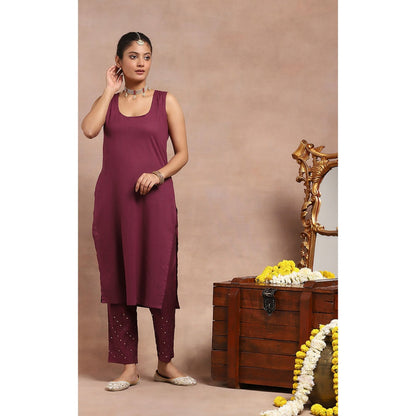 House of Chikankari Kamdaani Kurta Inner with Pant and Dupatta - Burgundy (Set of 4)