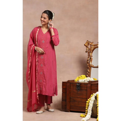 House of Chikankari Chikankari Mukaish Kurta Inner with Pant and Dupatta - Pink (Set of 4)