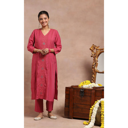 House of Chikankari Chikankari Mukaish Kurta Inner with Pant and Dupatta - Pink (Set of 4)