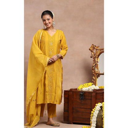 House of Chikankari Chikankari Kurta Inner with Pant and Dupatta - Mustard Yellow (Set of 4)