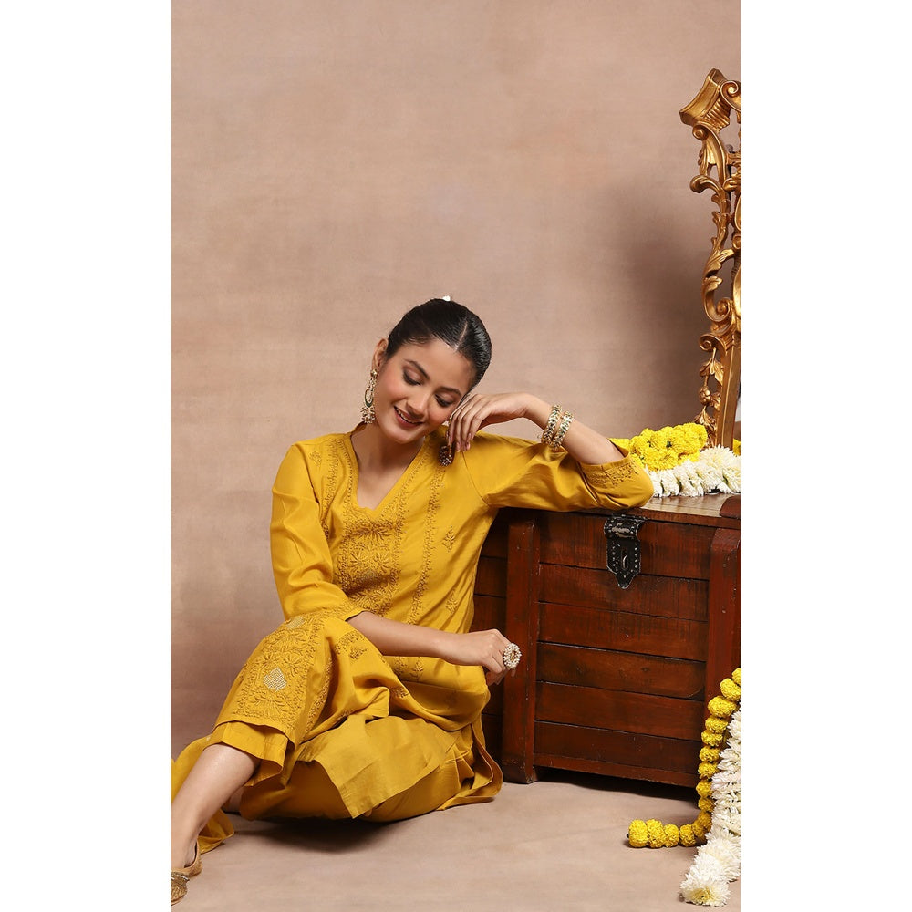 House of Chikankari Chikankari Kurta Inner with Pant and Dupatta - Mustard Yellow (Set of 4)