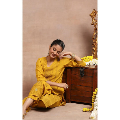 House of Chikankari Chikankari Kurta Inner with Pant and Dupatta - Mustard Yellow (Set of 4)