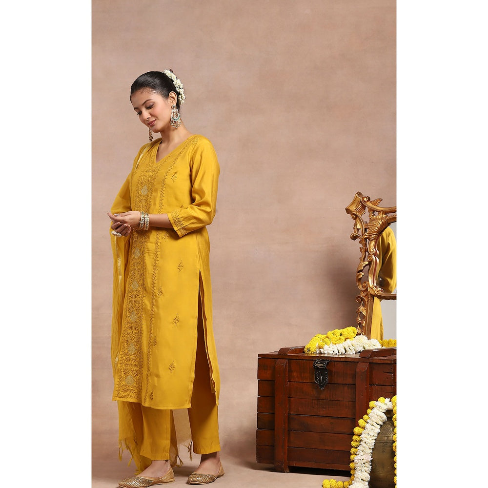 House of Chikankari Chikankari Kurta Inner with Pant and Dupatta - Mustard Yellow (Set of 4)