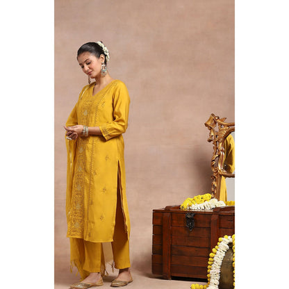 House of Chikankari Chikankari Kurta Inner with Pant and Dupatta - Mustard Yellow (Set of 4)
