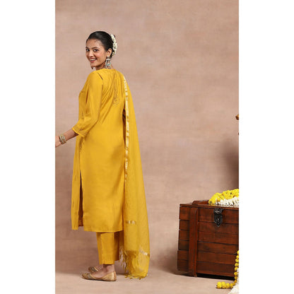 House of Chikankari Chikankari Kurta Inner with Pant and Dupatta - Mustard Yellow (Set of 4)