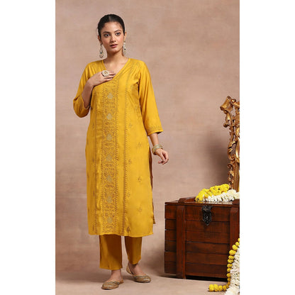 House of Chikankari Chikankari Kurta Inner with Pant and Dupatta - Mustard Yellow (Set of 4)
