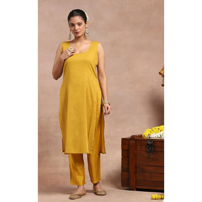 House of Chikankari Chikankari Kurta Inner with Pant and Dupatta - Mustard Yellow (Set of 4)