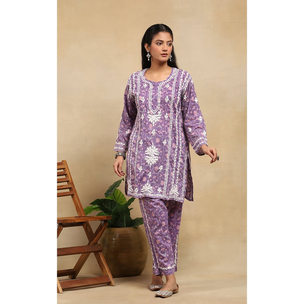 House of Chikankari Cotton Chikankari Printed Kurta with Pant - Lavender (Set of 2)