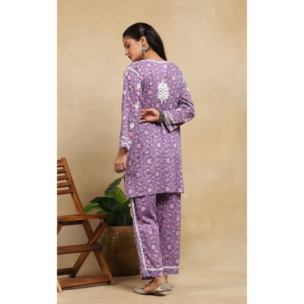 House of Chikankari Cotton Chikankari Printed Kurta with Pant - Lavender (Set of 2)
