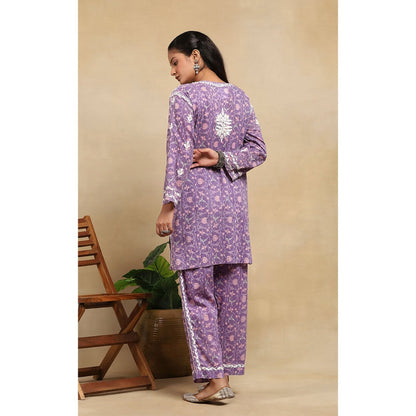 House of Chikankari Cotton Chikankari Printed Kurta with Pant - Lavender (Set of 2)