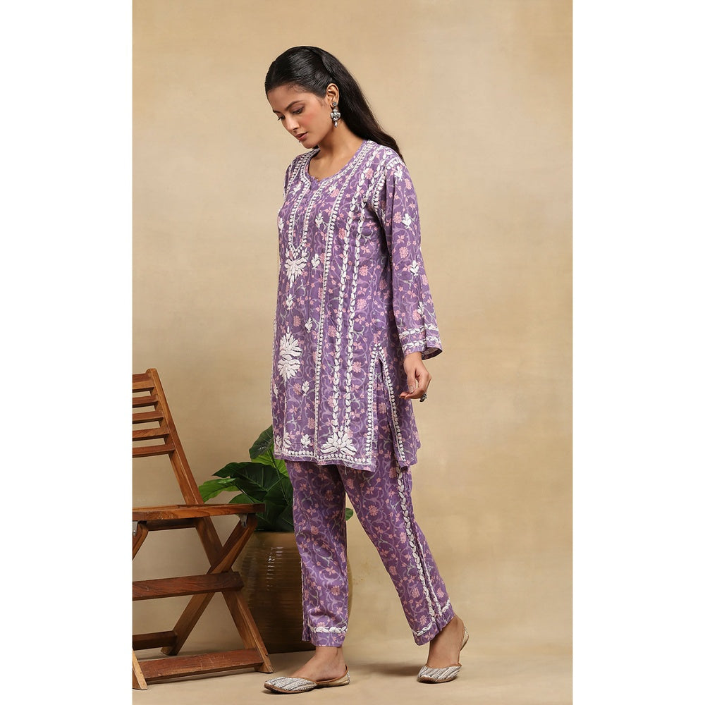 House of Chikankari Cotton Chikankari Printed Kurta with Pant - Lavender (Set of 2)