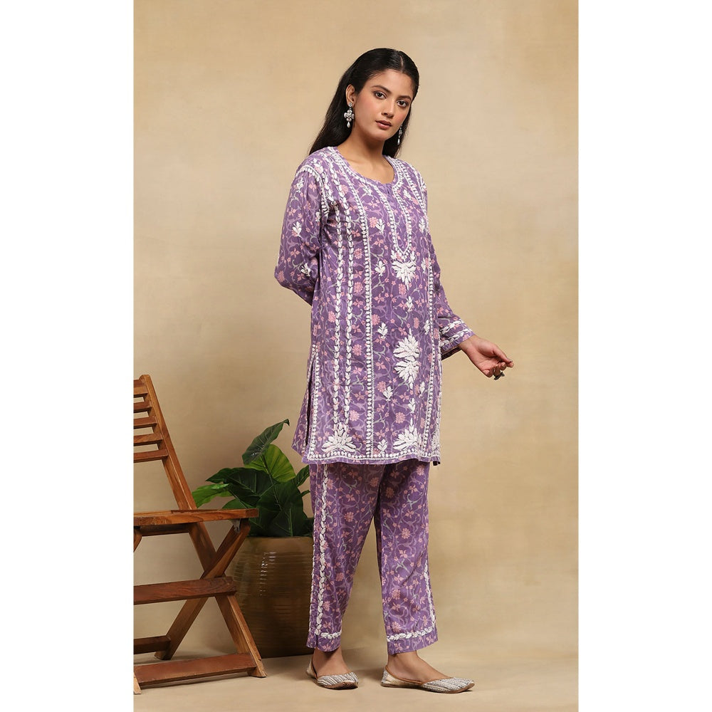 House of Chikankari Cotton Chikankari Printed Kurta with Pant - Lavender (Set of 2)