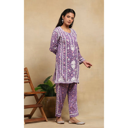 House of Chikankari Cotton Chikankari Printed Kurta with Pant - Lavender (Set of 2)