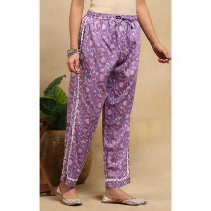 House of Chikankari Cotton Chikankari Printed Kurta with Pant - Lavender (Set of 2)