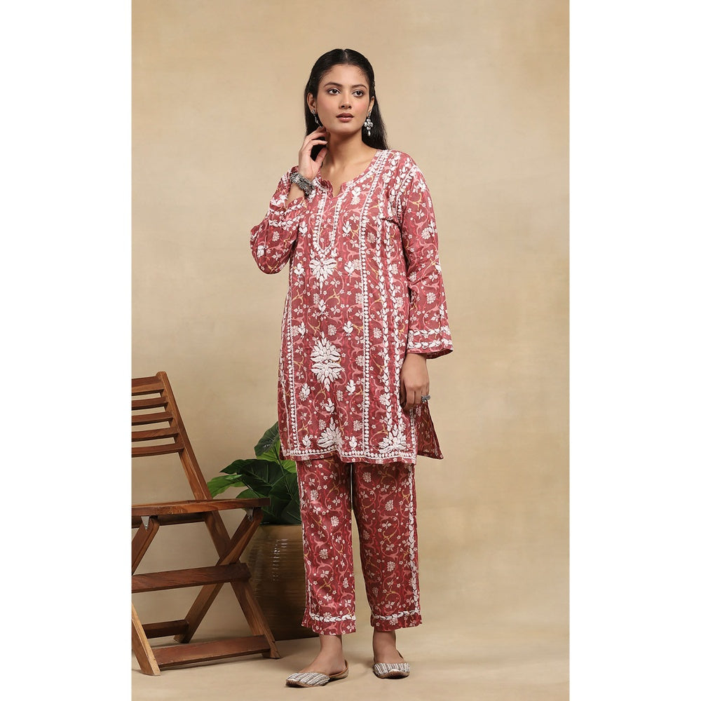 House of Chikankari Cotton Chikankari Printed Kurta with Pant - Red (Set of 2)