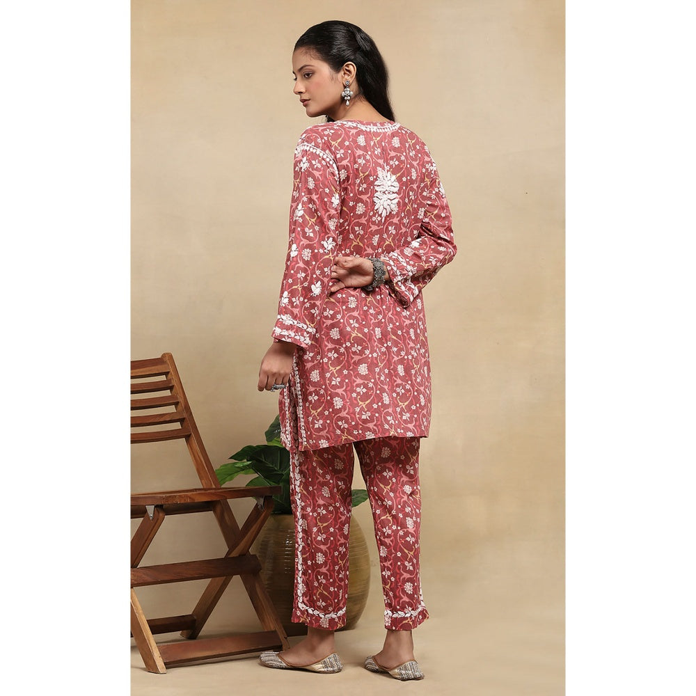 House of Chikankari Cotton Chikankari Printed Kurta with Pant - Red (Set of 2)