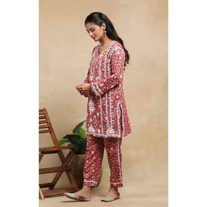 House of Chikankari Cotton Chikankari Printed Kurta with Pant - Red (Set of 2)