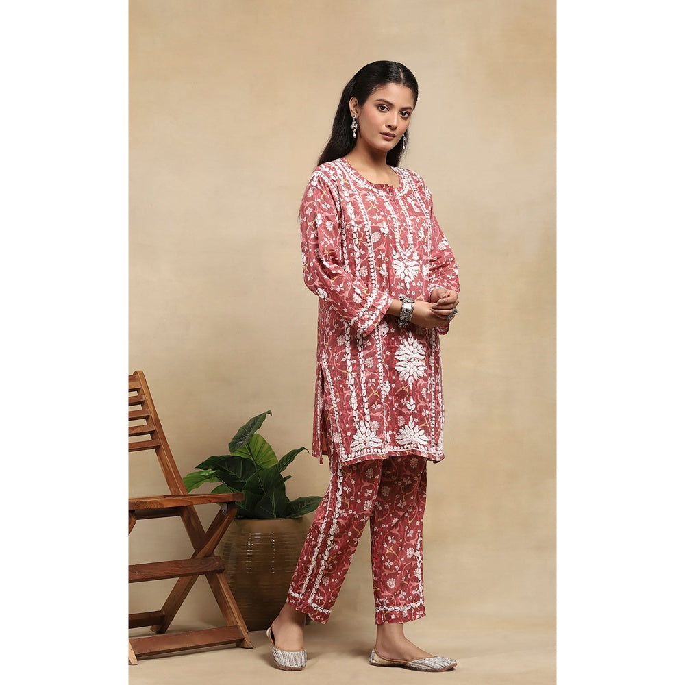 House of Chikankari Cotton Chikankari Printed Kurta with Pant - Red (Set of 2)