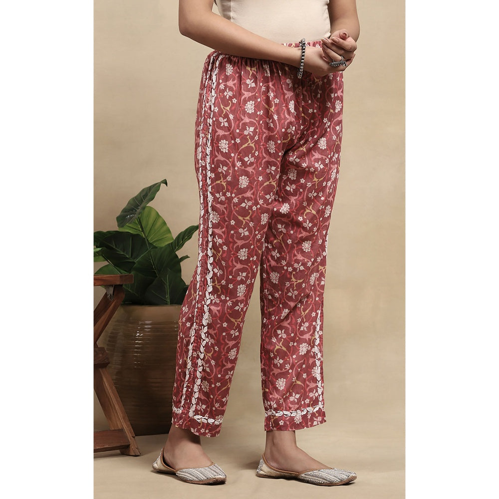House of Chikankari Cotton Chikankari Printed Kurta with Pant - Red (Set of 2)