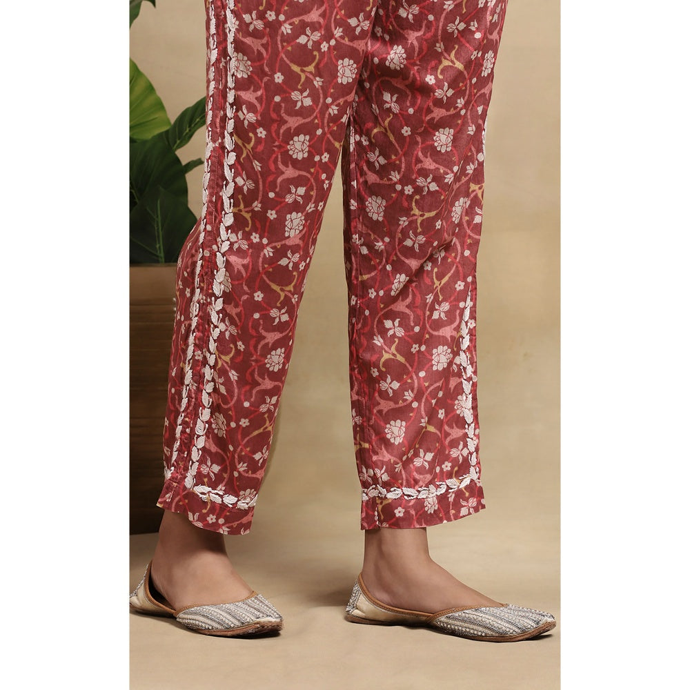 House of Chikankari Cotton Chikankari Printed Kurta with Pant - Red (Set of 2)