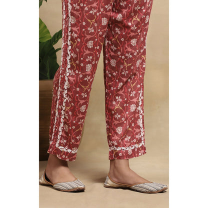 House of Chikankari Cotton Chikankari Printed Kurta with Pant - Red (Set of 2)