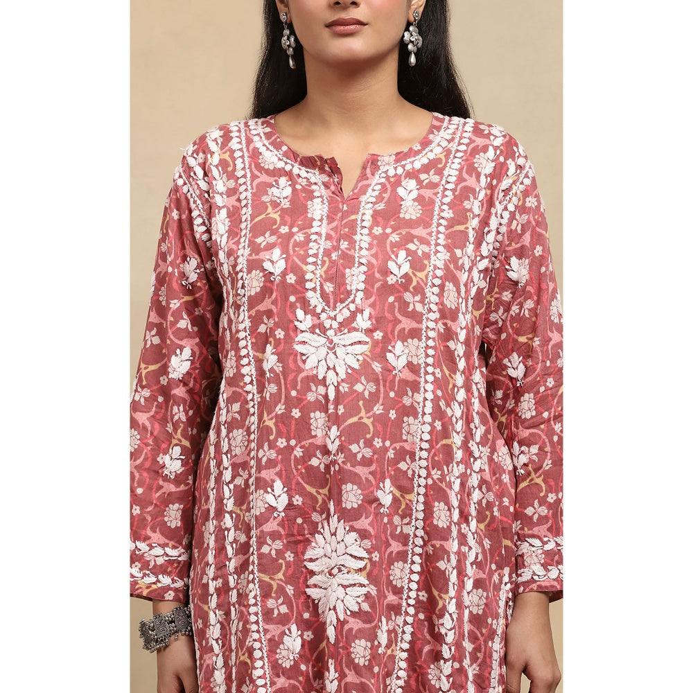 House of Chikankari Cotton Chikankari Printed Kurta with Pant - Red (Set of 2)