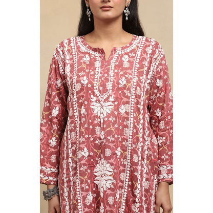 House of Chikankari Cotton Chikankari Printed Kurta with Pant - Red (Set of 2)