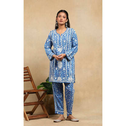 House of Chikankari Cotton Chikankari Printed Kurta with Pant - Blue (Set of 2)