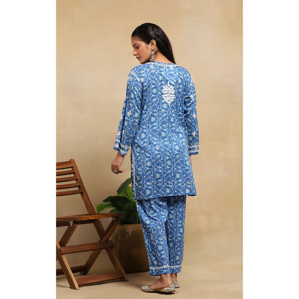 House of Chikankari Cotton Chikankari Printed Kurta with Pant - Blue (Set of 2)