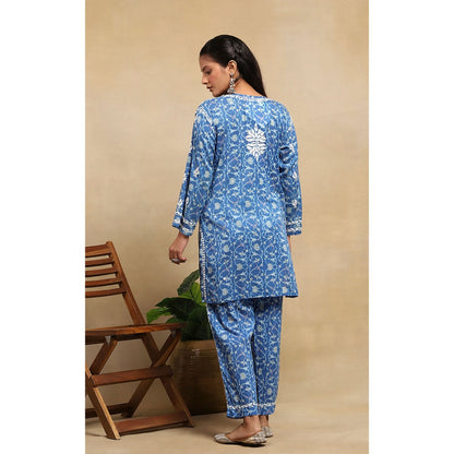 House of Chikankari Cotton Chikankari Printed Kurta with Pant - Blue (Set of 2)
