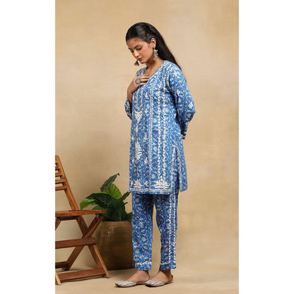 House of Chikankari Cotton Chikankari Printed Kurta with Pant - Blue (Set of 2)