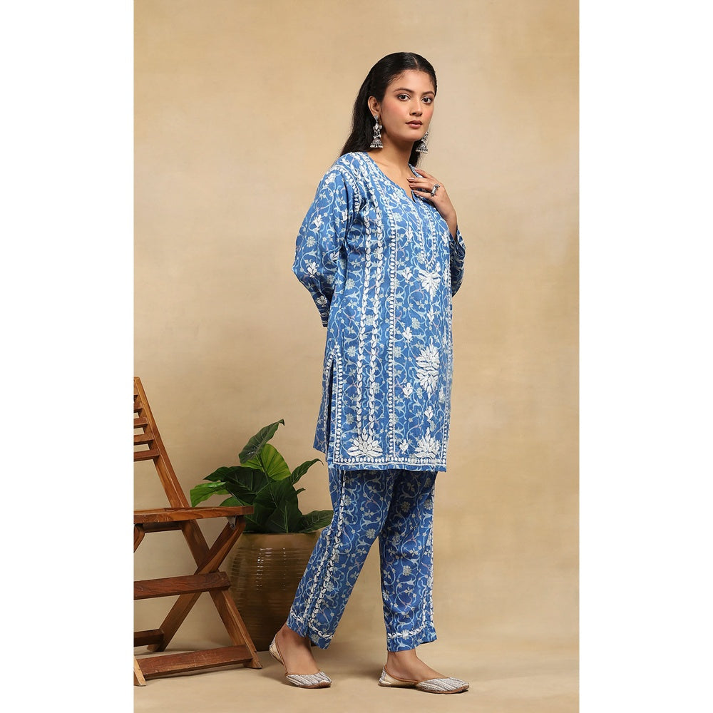 House of Chikankari Cotton Chikankari Printed Kurta with Pant - Blue (Set of 2)