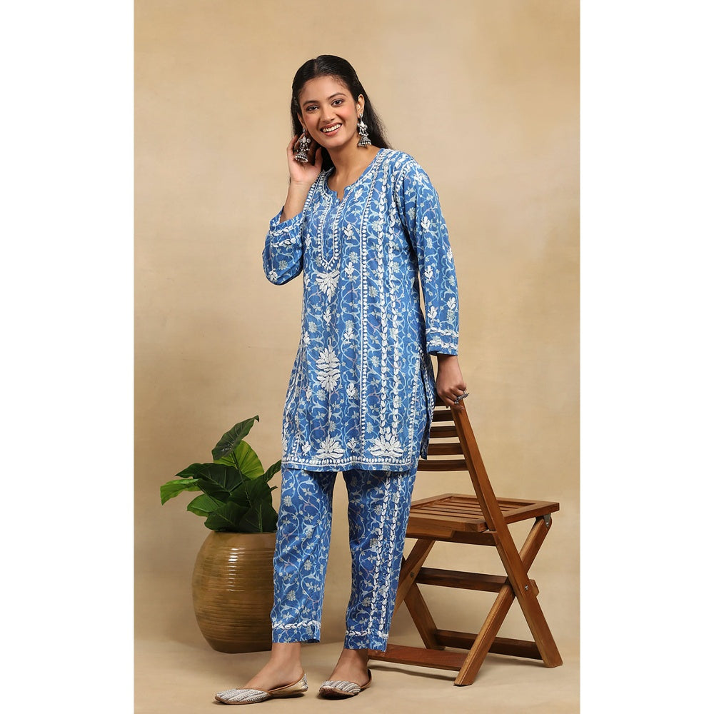 House of Chikankari Cotton Chikankari Printed Kurta with Pant - Blue (Set of 2)