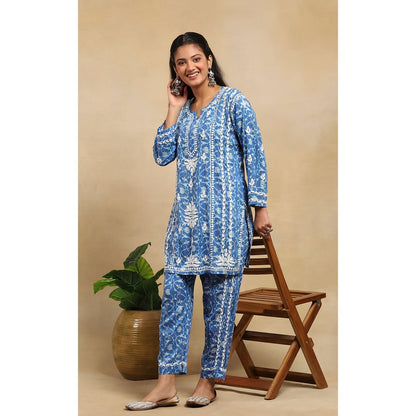 House of Chikankari Cotton Chikankari Printed Kurta with Pant - Blue (Set of 2)