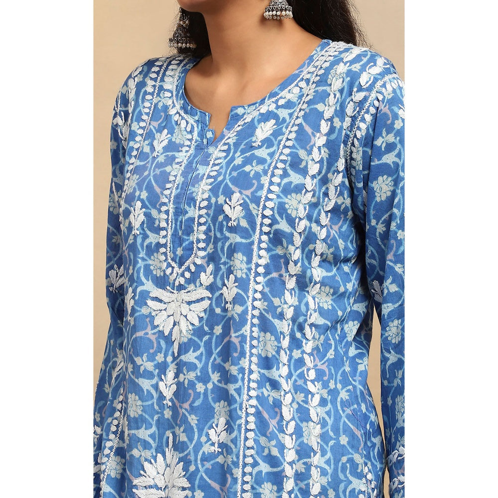 House of Chikankari Cotton Chikankari Printed Kurta with Pant - Blue (Set of 2)