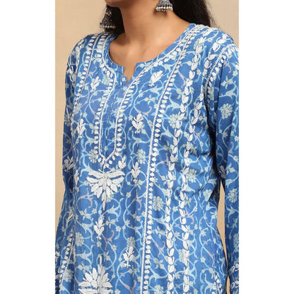 House of Chikankari Cotton Chikankari Printed Kurta with Pant - Blue (Set of 2)