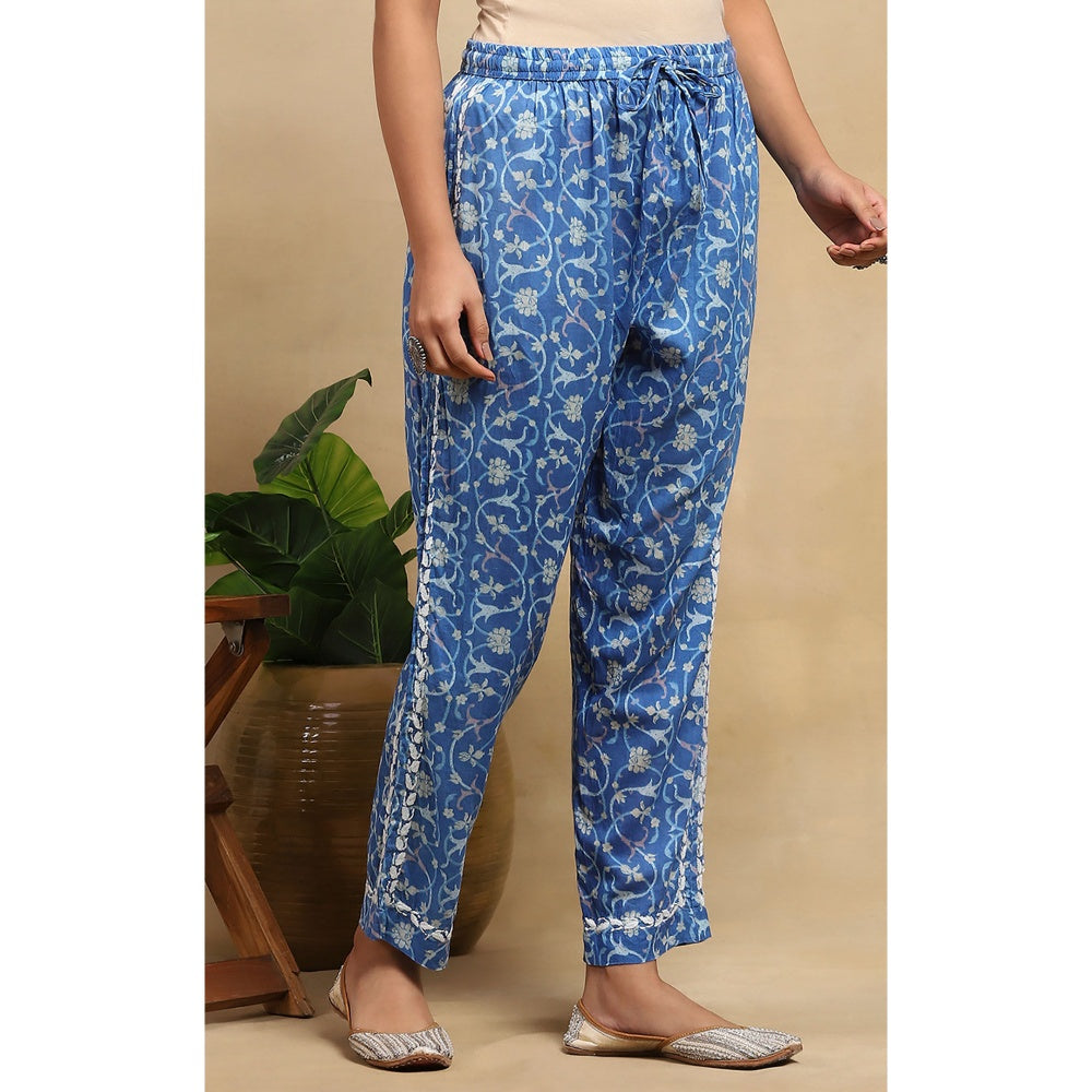 House of Chikankari Cotton Chikankari Printed Kurta with Pant - Blue (Set of 2)