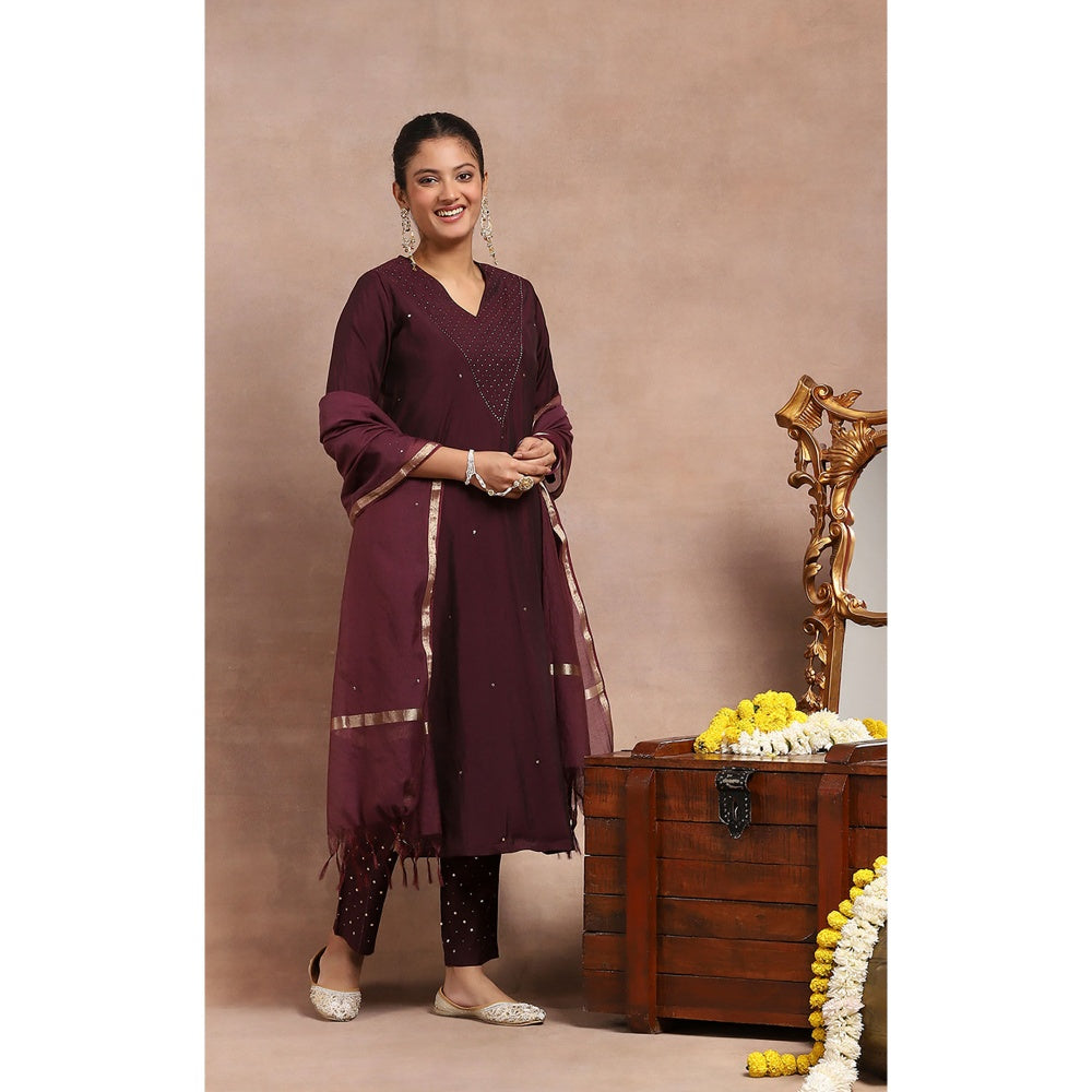 House of Chikankari Kamdaani Embroidered Kurta Inner with Pant and Dupatta - Wine (Set of 4)