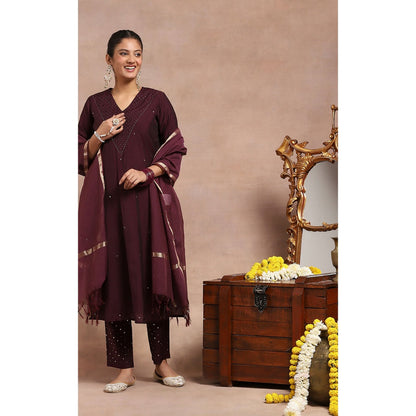House of Chikankari Kamdaani Embroidered Kurta Inner with Pant and Dupatta - Wine (Set of 4)