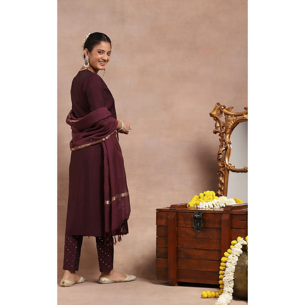 House of Chikankari Kamdaani Embroidered Kurta Inner with Pant and Dupatta - Wine (Set of 4)