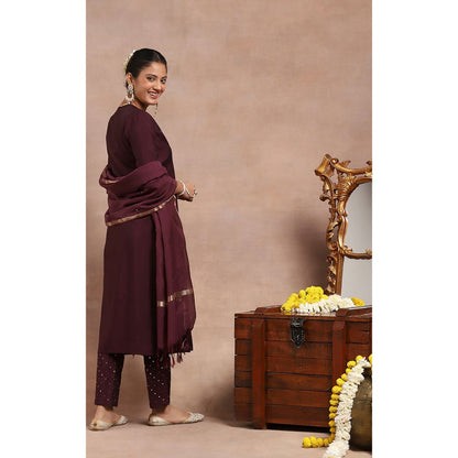House of Chikankari Kamdaani Embroidered Kurta Inner with Pant and Dupatta - Wine (Set of 4)