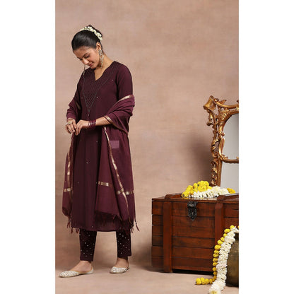 House of Chikankari Kamdaani Embroidered Kurta Inner with Pant and Dupatta - Wine (Set of 4)