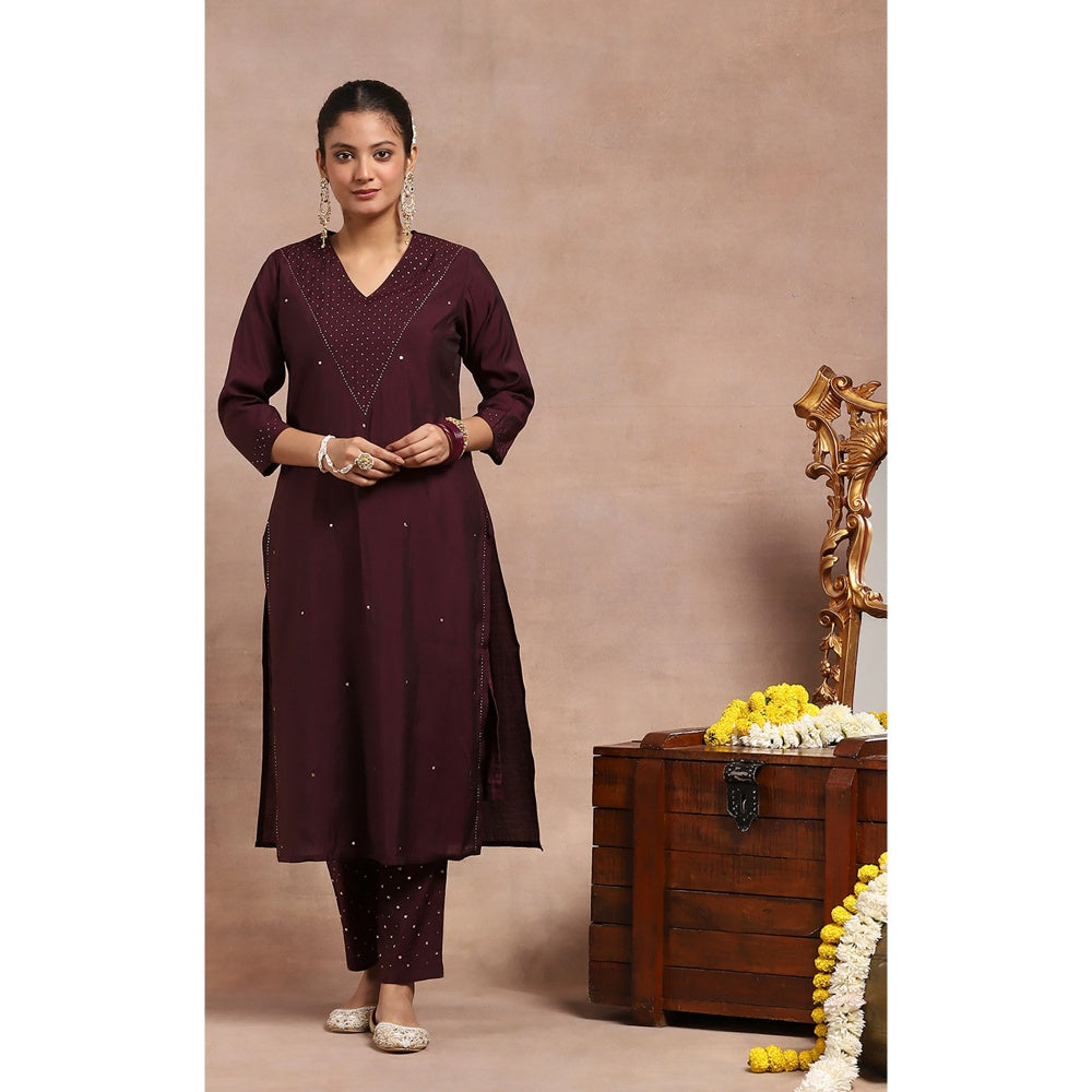 House of Chikankari Kamdaani Embroidered Kurta Inner with Pant and Dupatta - Wine (Set of 4)