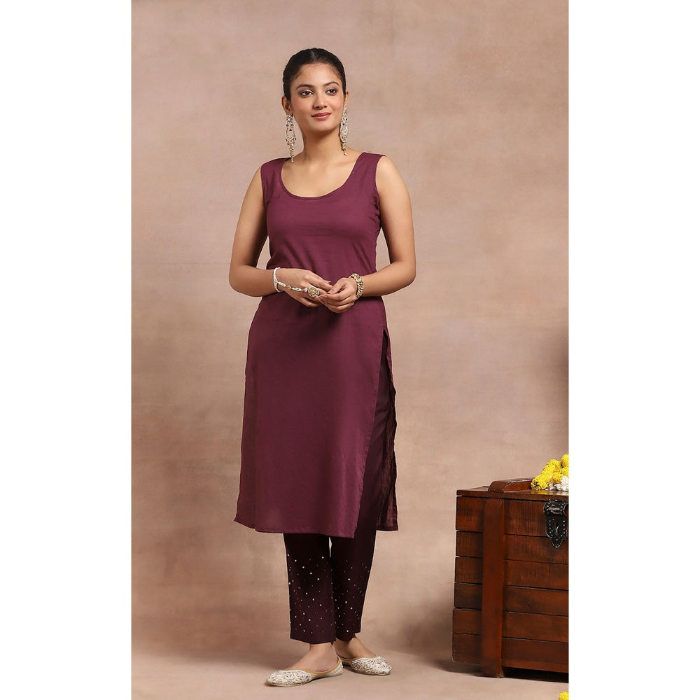 House of Chikankari Kamdaani Embroidered Kurta Inner with Pant and Dupatta - Wine (Set of 4)