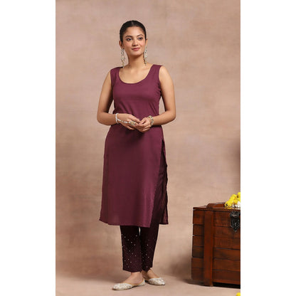 House of Chikankari Kamdaani Embroidered Kurta Inner with Pant and Dupatta - Wine (Set of 4)