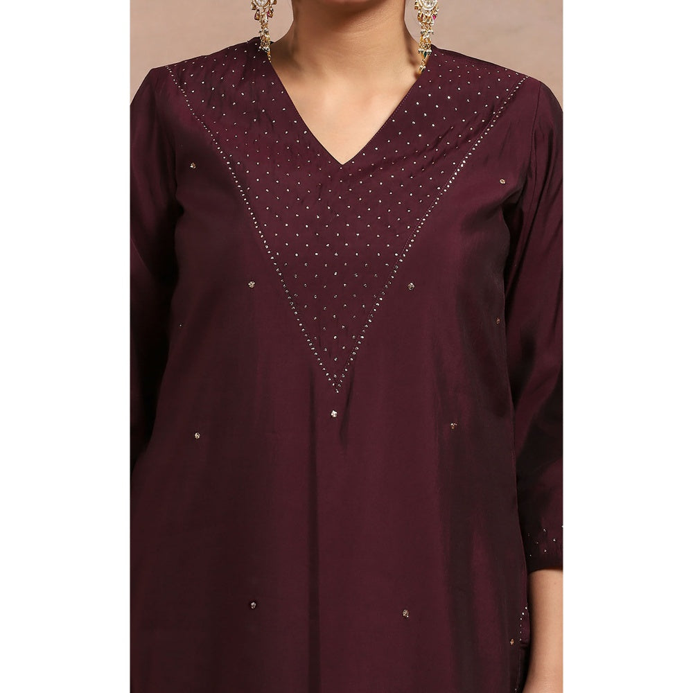 House of Chikankari Kamdaani Embroidered Kurta Inner with Pant and Dupatta - Wine (Set of 4)