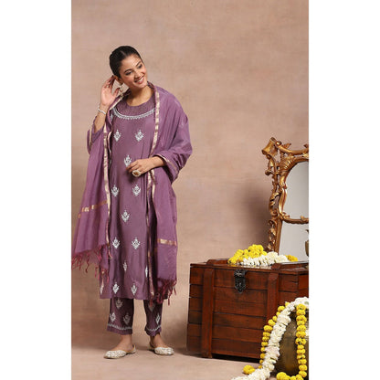 House of Chikankari Embroidered Kurta Inner with Pant and Dupatta - Lavender (Set of 4)